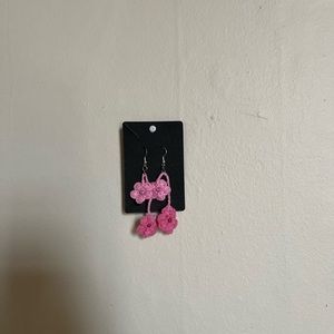 Handmade crochet pink floral drop earrings